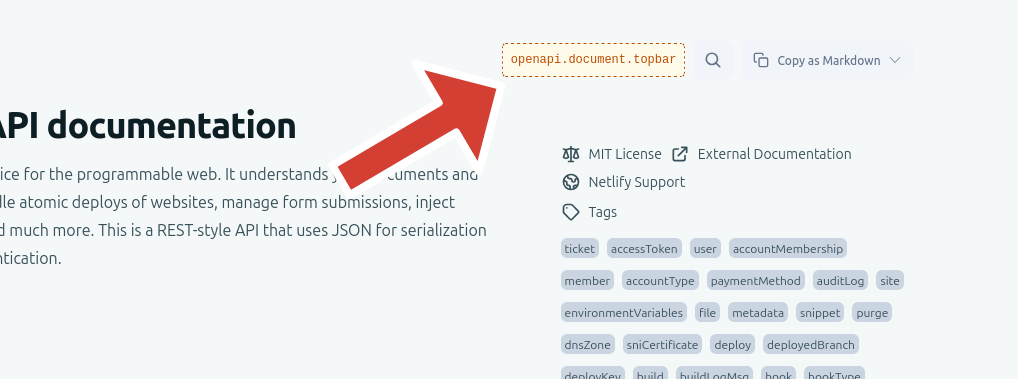 The openapi.document.topbar slot outlined in the playground: a button sitting in the top bar, alongside search and the markdown export menu