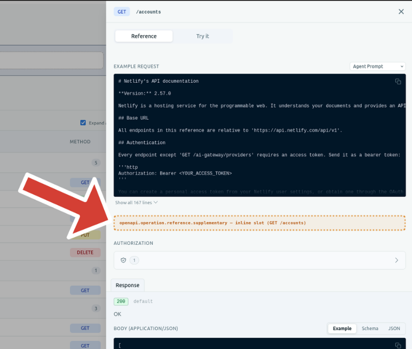 The openapi.operation.reference.supplementary slot outlined in the playground: a small inline element amid the operation's own documentation