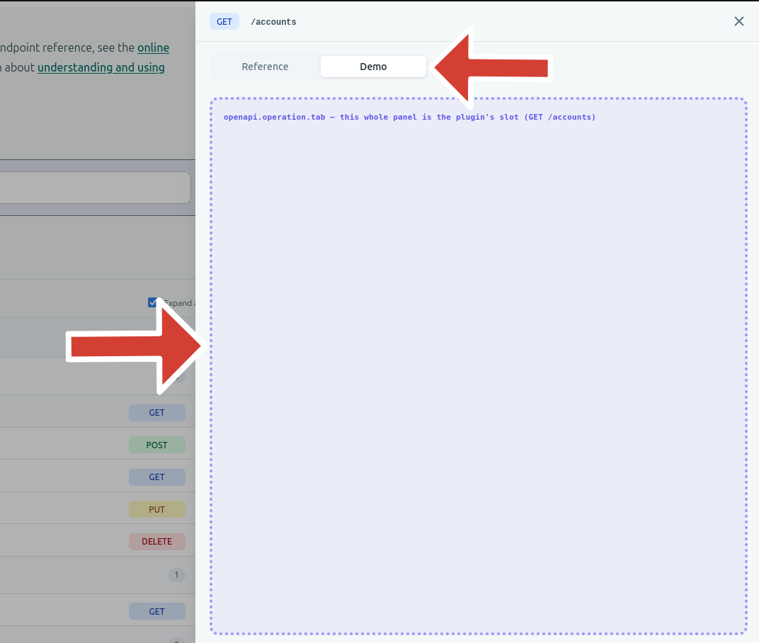 The openapi.operation.tab slot outlined in the playground: the "Demo" tab fills the whole operation panel