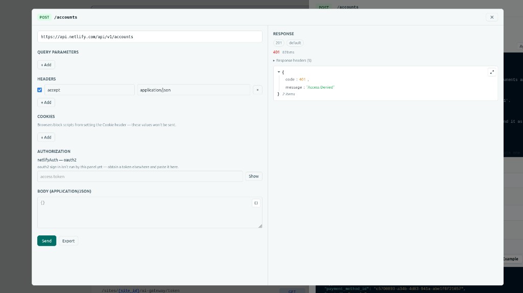 The Try it modal: request builder on the left, response on the right