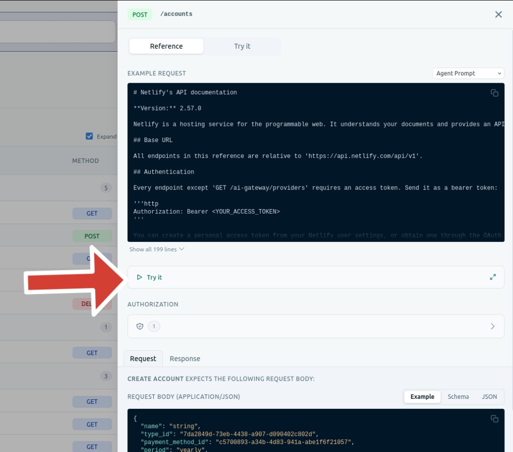 A Try it row on the Reference panel, between the example request and authorization