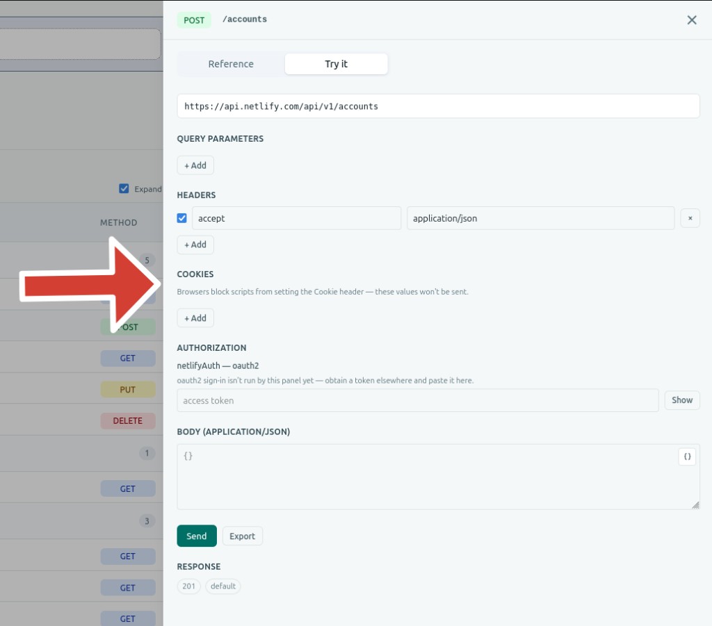 The Try it tab: request URL, parameters, auth, body, and Send